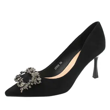 HUAXI, черни обувки на висок ток, нови пикантни обувки-шипове с остри пръсти, кристали, квадратна обтегач, професионална обувки, модни сватбени обувки за шаферки