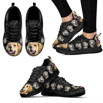 INSTANTARTS/ Маркови модни маратонки с хубав златист ретривером; Удобни обувки за кучетата с черен цвят на равна подметка; текстурирани обувки с принтом животни; ежедневни обувки