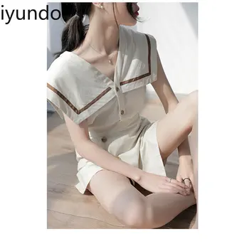 Iyundo/летен комплект от две части, модерен костюм, пола, блуза с шал яка лацканом без ръкави и широки къси панталони в стил ретро, дамски дрехи от две части