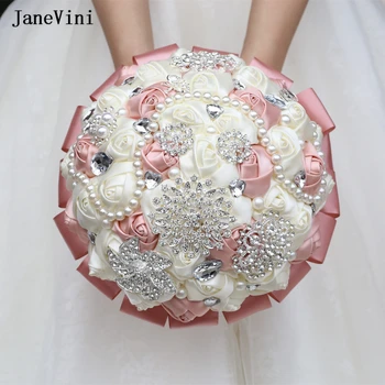 JaneVini, нов сватбен букет, сатенени рози с цвят на слонова кост, с Брошка от изкуствени цветя, кристални Сватбени букети за шаферките, Аксесоари