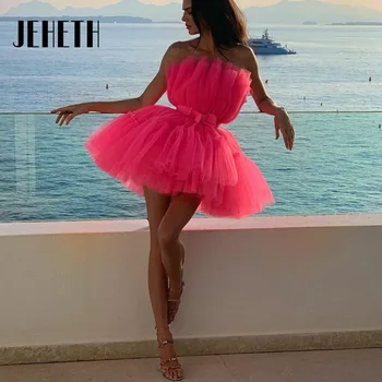 JEHETH Елегантни рокли за Среща на завършилите трапецовидна форма 2023 Кратко розова бална рокля за бала от фатина без презрамки, с назъбени ръбове, произведено по Поръчка