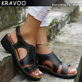 KRAVOO/ нова дамски обувки на танкетке, ортопедични сандали, удобни дамски обикновена сандали за жени, по-големи размери, леки плажни
