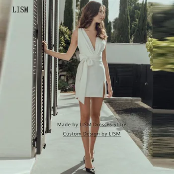 LISM Бяла вечерна рокля с V-образно деколте и къс цепка, крилото с лък, спагети с дължина над коляното, 2023, елегантна вечерна рокля без ръкави