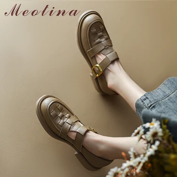 Meotina, дамски обувки от естествена кожа, с кръгли пръсти и плоска катарама, Плетени модни дамски ежедневни обувки есен-пролет, бежово, Кайсия 40