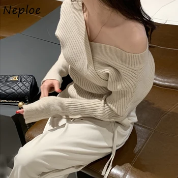 Neploe Универсален пуловер с неправилна форма с отворени рамене, дамски дрехи с дълъг ръкав и V-образно деколте, есен 2023, Корейски елегантен пуловер с темперамент
