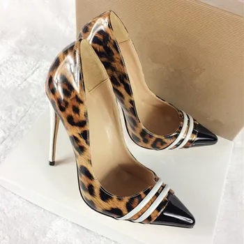 NoEnName_Null-Дамски обувки на висок ток с леопардовым принтом 12 см, чубрица обувки на висок ток с принтом 10 см , тясна горна част, голям размер