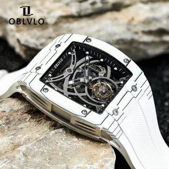 OBLVLO, бял корпус от въглеродни влакна, автоматични механични мъжки часовници, часовници с Турбийоном, мъжки светещи водоустойчиви часовници
