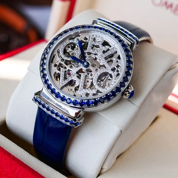 OBLVLO Нови луксозни Дамски автоматичен часовник с кристали и кухи виртуален скелет на ремешке от естествена кожа, дамски механични часовници