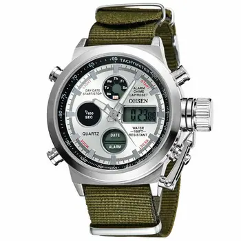 OHSEN Мъжки кварцов часовник led цифров часовник армейски зелен найлонов каишка хронометър