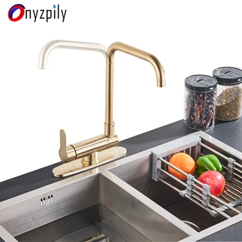 Onyzpily Матиран златен смесител за кухненска мивка с 10-инчов капак въртящи се на 360 градуса, смесител за мивка, монтирани на бортике, смесителна батерия за топла и студена вода