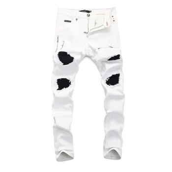 PLEINXPLEIN оригинален дизайн мъж бели стрейчевые маркови дънки с черепи мъжки тесни дънкови панталони, дънкови панталони с ципове ново записване