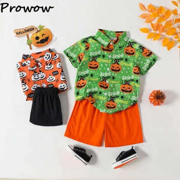 Prowow/ Комплекти Дрехи за Хелоуин е за най-Малките Момчета от 0 до 5 години, Зелена Риза с Тиква и Оранжеви къси Панталони, Детски Костюм за Хелоуин За Деца
