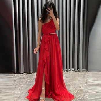 Qcenkern Червено вечерна рокля без ръкави от шифон с едно рамо, Саудитска Арабия, Дълги вечерни рокли, Дамски Халати за баня de Soirée 2023