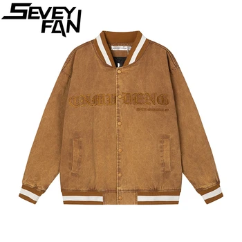 SEVEYFAN, дънкови якета с бродерия букви в ретро стил, мъжки и бейзболни палто в стил хип-хоп, градинска връхни дрехи големи размери