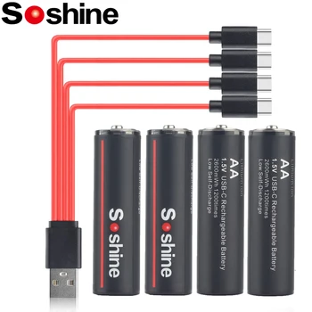 Soshine Литиево-йонна акумулаторна батерия от 1,5 2600 МВтч, литиеви батерии тип АА батерии, 1200 Цикъла, Тип C, Батерия тип АА с USB кабел 4-в-1