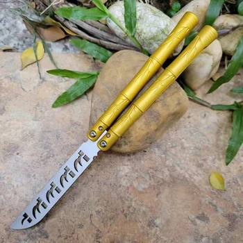 TheOne Бамбуков нож-пеперуда, хвърлен нож D2 Blade 6061, алуминиева дръжка, система втулок Balisong Trainer EDC, Коледен подарък