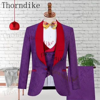 Thorndike, Направен по Поръчка на Мъжки Костюми с червени сатенени Ревери, Смокинги на Младоженеца в една пуговице, 3 бр. (Яке + Панталон + Елек) За сватбени Партита
