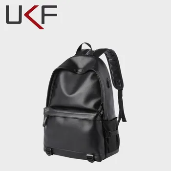 UKF Нов Модерен Мъжки Раница от PVC Кожа, Черни Училищни Чанти за Момчетата-тийнейджъри, 15,6 