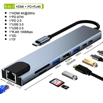 USB C Хъб за Macbook 8 В 1 Адаптер за PC, PD Зареждане 8 пристанища за Докинг станция, RJ-45, HDMI-Съвместими TF/SD карта Macbook Type-C Газа