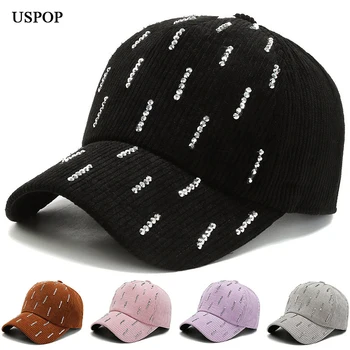 USPOP Нови зимни дамски шапки бейзболни шапки с диаманти, дебела топла вельветовая бейзболна шапка с сенника