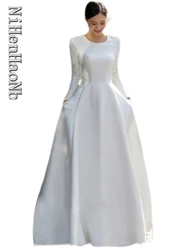 Vestido De Новия 2023, Сватбена рокля за Младоженци с дълги ръкави, атласное рокля на булката трапецовидна форма