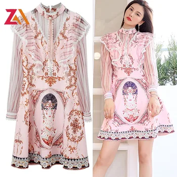 ZALady дизайнерски розови рокли миди с винтажным принтом и дълъг ръкав, дамски дрехи, модни къдри от дантела, елегантни вечерни рокли