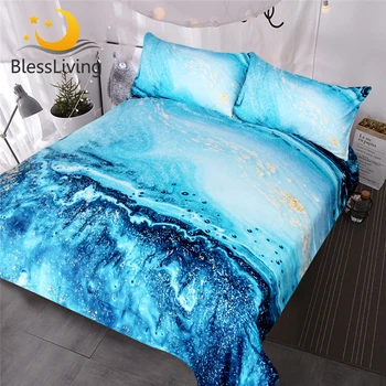Акварел комплект спално бельо BlessLiving златисто-син цвят, набор от пододеяльников за пуховых одеала, покривки с океанскими вълни, спално бельо с абстрактно принтом King