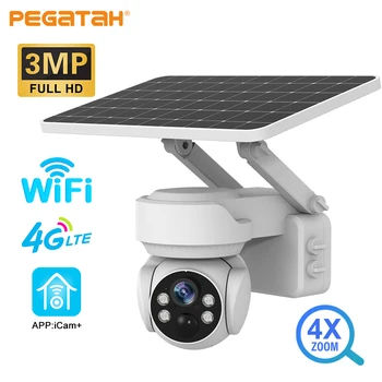 Безжична слънчево помещение PEGATAH 3MP 4G, WiFi, 4-кратно оптично увеличение, Детекция на движение, цветни IP охранителни камери за нощно виждане