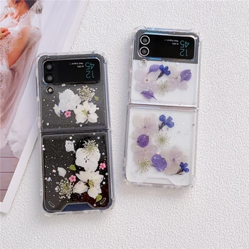 Блестящи Пайетки, истински Сушени Цветя, прозрачен калъф за телефон Samsung Galaxy Z Flip 5 4 3, Прозрачен Удароустойчив твърд защитен калъф