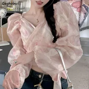 Блузи с цветен модел, женски сладки бандажные пролетни блузи с V-образно деколте и с пищните ръкави на кръст, тънък корейски стил, всекидневни модерен шик