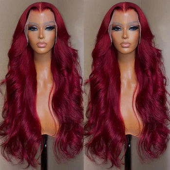 Бордо 99J Перука с масова вълна на 13x4, HD Прозрачен перука с предна част от дантела, бразилски перуки, изработени от човешка коса червен цвят за жени