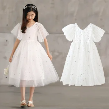 Бяла рокля с V-образно деколте и пайети за момичета, 2023, ново лятно детско парти за тинейджъри, детска рокля на принцеса, пушистое газово рокля