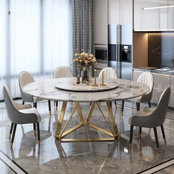 Великолепен златен маса за хранене с превръщането маса за отдих, кръгла мраморна маса и стол за вили, висококачествени италиански мебели