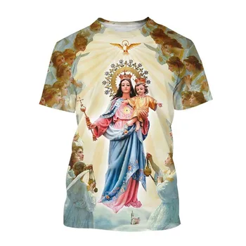 Вентилация през Лятото, тениски с 3D Принтом на Пресвета Дева Мария, Индивидуалност, Мода, Стил на Вярата, с къс Ръкав, Мъжки/Дамски Ежедневни