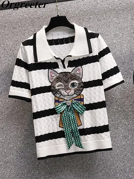 Висококачествен вязаный пуловер райе големи размери, дамски блузи, лятна новост, апликация с анимационни котка, расшитый мъниста тънък пуловер за жени