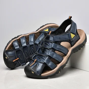 Висококачествена естествена кожа летни сандали 2023 обувки на плоска подметка мъжки ежедневни нескользящая плаж и открит сандали размер 48