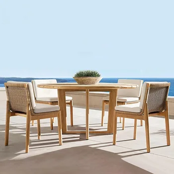 Висококачествени външни непромокаеми маса и стол от тиково дърво, балкон, тераса с градина, комбинация на кръглата маса и стол