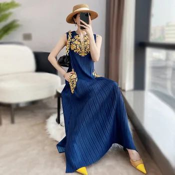 Висококачествено плиссированное елегантно Синьо дебнещ рокля за бала Miyake 2023, Лятно дамско дебнещ без ръкави рокля с V-образно деколте, Макси вечерна рокля