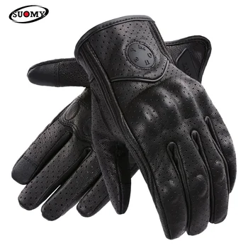 Вместительные ръкавици от перфорирана кожа, мотоциклетни ръкавици в ретро стил, мъжки ръкавици за мотокрос със сензорен екран, велосипедни ръкавици с твърдо покритие XS