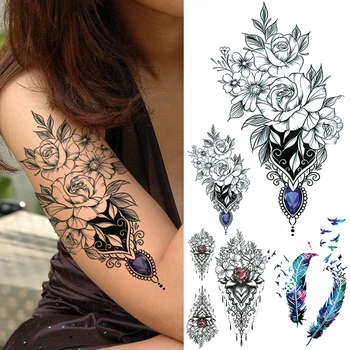 Временни татуировки с бриллиантовым цвете за жени и момичета, стикер с татуировка от пера рози и орхидеи, фалшиви бижута, черни Голяма татуировка на ръката до лакътя 3D