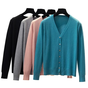 Вязаный жилетка с V-образно деколте дамски пролетно-есенна тънка яке, нов Свободен пуловер с дълги ръкави, долната риза, Топ