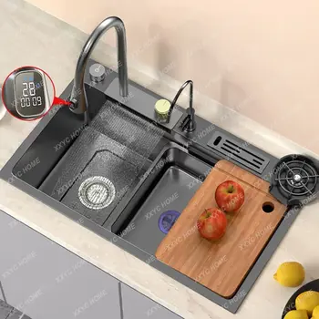 Голяма однощелевая стоманена мивка с водопад, дигитален дисплей, кухненска мивка от неръждаема стомана, мивка с лявата ръка
