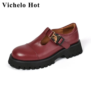 Гореща обувки Vichelo на платформата, реколта въжета с куха катарама, естествена кожа, пролет, през цялата чорап, среден ток, римски обувки-лодка винен цвят l23