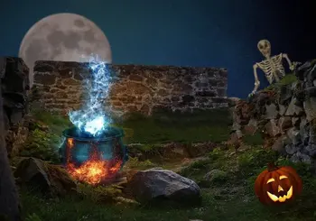 Готови фонове с виртуален скелет и зловеща тиква за Хелоуин в пълнолуние, висококачествени фонове за партита с компютърна печат