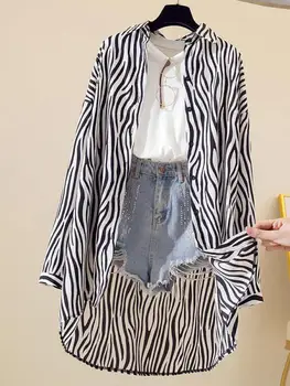 Дамска блуза със средна дължина, свободна риза в райе цвят зебра, дамски тънък яке, ежедневни летни ризи с дълъг ръкав, Палта, Модни блузи