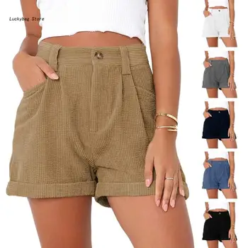 Дамски летни вельветовые шорти с висока талия, прав къси панталони с маншети на штанинах
