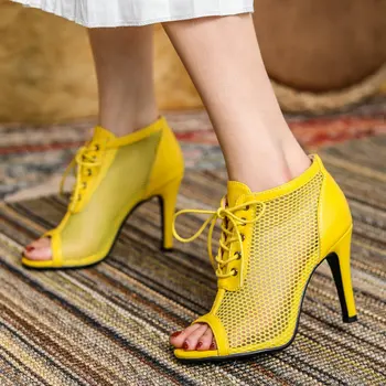 Дамски летни обувки с дишаща мрежа, модни ботильоны с отворени пръсти, дамски обувки с мрежа от дантела с високи токчета, дамски черен, бежово, жълто