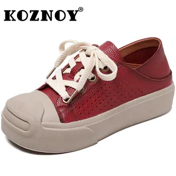 Дамски маратонки Koznoy на платформата 3,5 см от естествена кожа, масивни, дишащи мокасини дантела, обувки, без токчета, дамски модни меки обувки