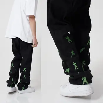 Дамски панталони Y2K, оригинални черни панталони King of Fighters с бродерия, стираемые в стил хип-хоп, свободни директни ежедневни панталони за влюбени