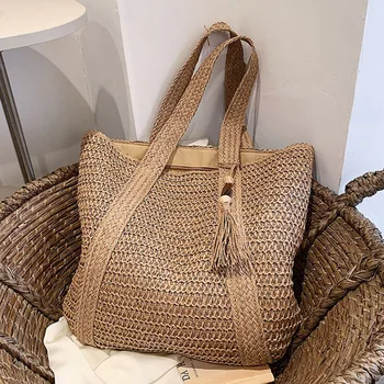 Дамски плетени чанти-тоут от слама, модни прости чанти ръчна изработка, ръчно изработени, летни ежедневни портфейли голям капацитет, с окачване-четка